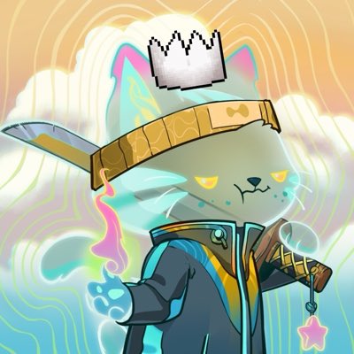 The image depicts a stylized, ethereal cat-like figure wearing a gold crown and headband, with glowing yellow eyes and colorful aura, holding a heart-shaped charm. The mystical, otherworldly character visually represents the "revive" theme of the post, suggesting a magical resurrection or rejuvenation of HyperEVM.