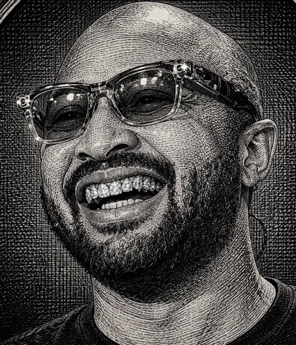 A detailed black-and-white engraved-style portrait of a smiling, bearded man wearing glasses with diamond-encrusted teeth.