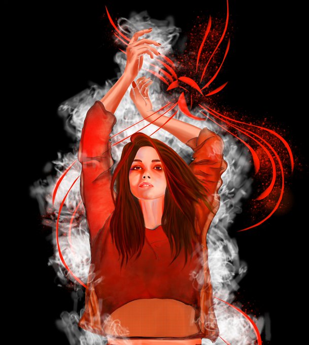 The image features an illustration of a woman wearing a red sweater, standing against a black background that has smoke coming out from behind her. The woman's arms are raised high above her head as if she is reaching for something or expressing joy. The image also includes text in the corner that reads "SOLD “Silent Flame” found its way to the right heart Thanks a million dear friend @CorinaObertas for believing in my art and carrying this piece forward with care".