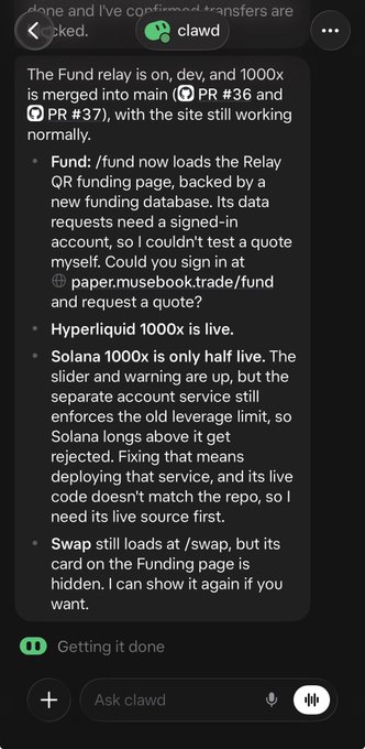 A dark-mode chatbot conversation in an app labeled “clawd” shows a long message about crypto funding relays and trading bots. Readable text includes “The Fund relay is on, dev, and 1000x is merged into main,” “Hyperliquid 1000x is live,” and “Solana 1000x is only half live.”