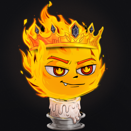 A cartoon fire character with a mischievous grin wears a jeweled golden crown atop its flame head, sitting on a melted candle—visually representing the "gLighter" branding tied to the Lighter trading community.