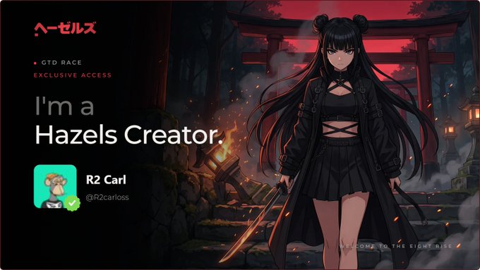 Another version of the Hazels Creator promotional graphic, this time crediting R2 Carl (@R2carloss) as the creator, featuring the same anime-style character in black.