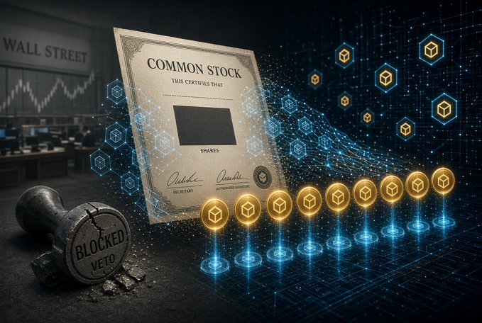 The image features a "Common Stock" certificate next to a rubber stamp reading "BLOCKED VETO," with digital cube icons flowing across a Wall Street backdrop, illustrating how Robinhood CEO Vlad Tenev's quote criticizes issuers for wrongfully blocking onchain stock access to investors unfamiliar with blockchain technology.