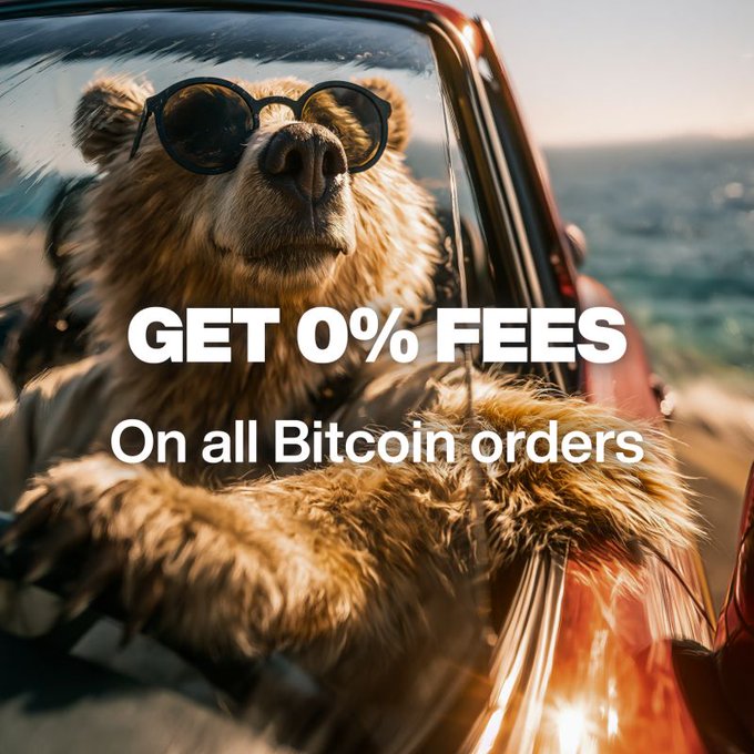 A bear wearing sunglasses leans out of a car window with the text 'GET 0% FEES On all Bitcoin orders' overlaid.