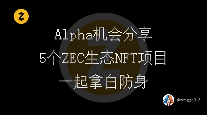 Chinese text on a dark background reading 'Alpha机会分享 5个ZEC生态NFT项目 一起拿白防身' with a Z logo and username '@congge918'.
