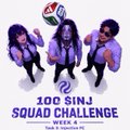 The image promotes the "100 SINJ Squad Challenge - Week 4" for Injective, featuring three stylized purple-haired characters alongside the project's purple logo. It ties into the post's theme of Injective's resilience and rebuilding, mirroring how FC Barcelona's "Més que un club" philosophy emphasizes reinvention after reaching the top.