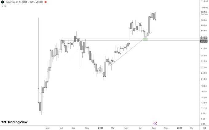 A TradingView candlestick chart showing the price movement of Hyperliquid (HYPE) on the USDT pair from MEXC, with values ranging from around 12.50 to 90.70.