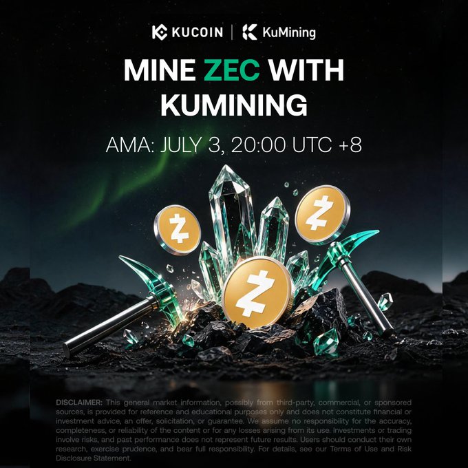 A KuCoin and KuMining promotional graphic reading 'MINE ZEC WITH KUMINING' for an AMA on July 3, 20:00 UTC +8, featuring pickaxes and ZEC coins with crystals.
