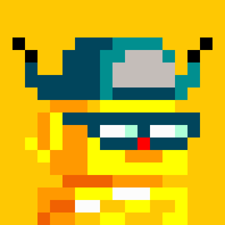 Pixel art of a character wearing sunglasses and a blue helmet with antennae, smiling against a yellow background.