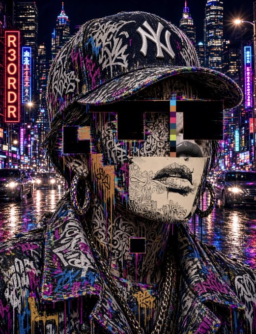 A stylized digital artwork depicts a figure covered in graffiti-style text wearing a New York Yankees cap and sunglasses, set against a neon-lit cityscape with "R3ORDR" signage.