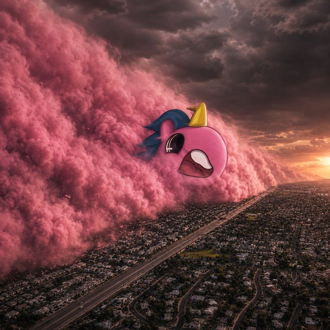 A digital artwork of a giant pink character with a single eye and blue hair emerging from a massive pink dust cloud over a city at sunset.