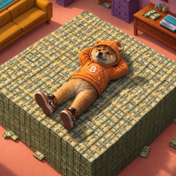 An AI-generated image shows a Shiba Inu dog wearing an orange Bitcoin hoodie and sneakers, relaxing on a massive platform made of stacked US dollar bills.
