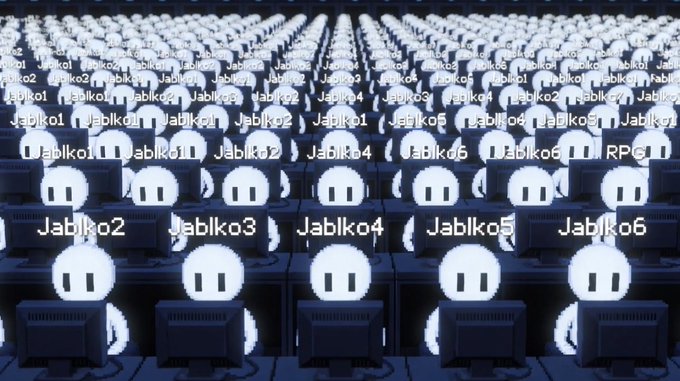 A 3D rendered scene showing rows of identical white smiley-face characters sitting at computer monitors, each labeled with names like 'Jablko1' through 'Jablko6' and 'RPG1'.