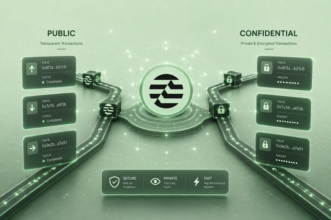 A digital infographic illustrating cryptocurrency transactions, with a central logo branching out to 'PUBLIC' transparent transactions on the left and 'CONFIDENTIAL' private encrypted transactions on the right, highlighting 'SECURE', 'PRIVATE', and 'FAST' features.