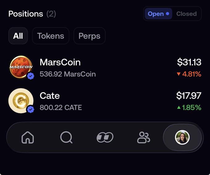 A mobile app interface showing 'Positions (2)' with 'Open' and 'Closed' tabs, displaying MarsCoin at $31.13 (down 4.81%) and Cate at $17.97 (up 1.85%) in a dark-themed UI.