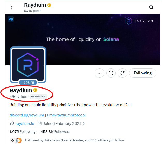 The image shows the verified Twitter profile of Raydium (@Raydium), a Solana-based DeFi protocol with 453.8K followers, and its username is circled in red to highlight the achievement of being followed by the official Raydium account.