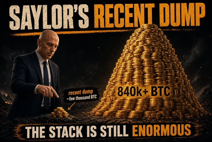 A promotional graphic featuring Jeff Bezos pointing at a small pile of coins next to a massive golden pyramid, with text reading 'SAYLOR'S RECENT DUMP', 'recent dump ~few thousand BTC', '840k+ BTC', and 'THE STACK IS STILL ENORMOUS'.