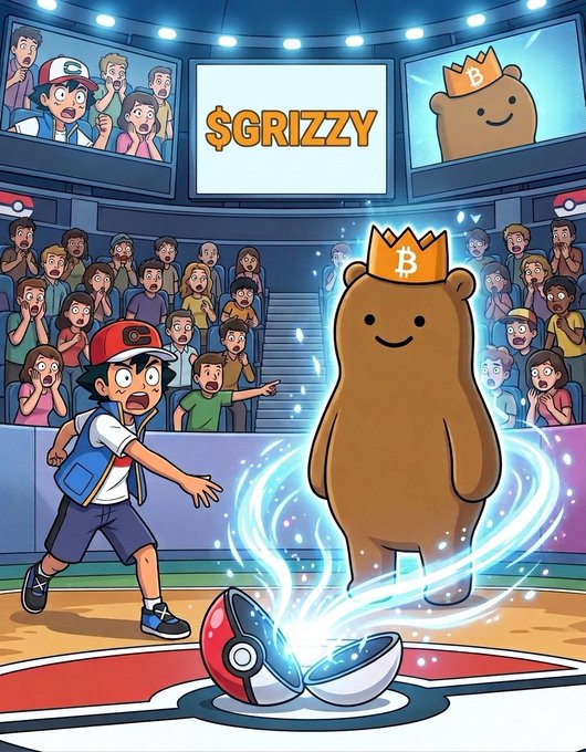 The image features a cartoon scene with a boy wearing a red hat, holding a Pokemon ball that has been split open by a blue force beam. The Pokemon ball is floating in mid-air above him. In front of the boy, there's a brown bear standing on its hind legs and wearing a crown. A crowd of people can be seen watching the scene unfold from behind them.

The post accompanying this image reads: "I could have chosen anything. I chose $GRIZZY." The caption is written in white text at the bottom right corner of the image, indicating that it was likely created by someone named Grizzle.