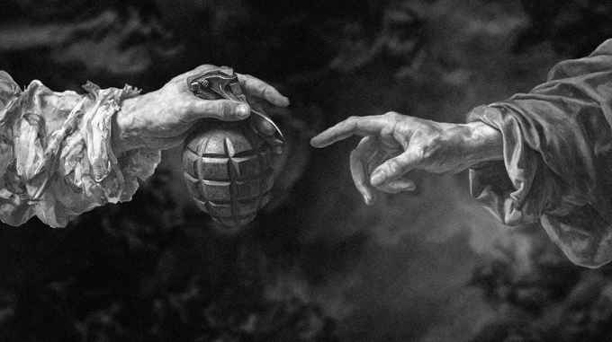 The image features two hands, one holding a bomb and the other hand pointing towards it. The hands are positioned such that they appear to be engaged in an act of creation or destruction. This visual representation suggests that the person holding the bomb might be involved in some form of destructive activity, while the other hand is pointing at the bomb, possibly indicating their intention to create something new out of it.