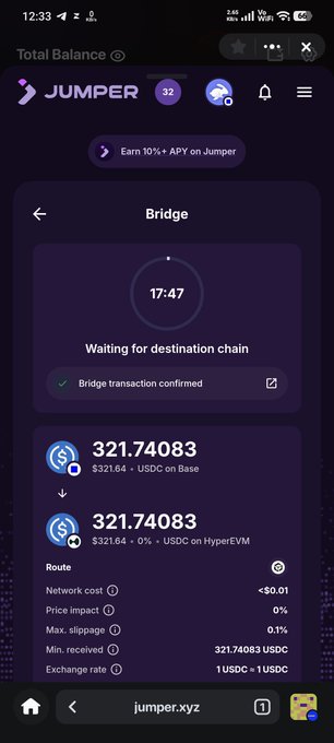 The image shows a phone screen displaying information about a cryptocurrency exchange, specifically the Jumper app. The app's interface features various details such as the total balance of the account, the current transaction status, and the estimated time for transactions to complete. There is also an option to send or receive funds using the app. The post suggests that the user should use the app to transfer money from one cryptocurrency wallet to another.