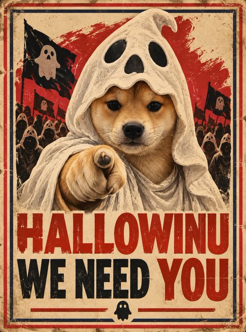 A vintage-style propaganda poster featuring a Shiba Inu dog wearing a ghost costume pointing forward, with the text 'HALLOWINU WE NEED YOU' and ghost flags in the background.