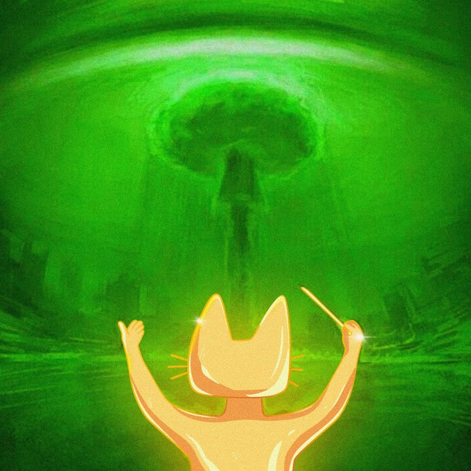 A joyful orange cat raises its paws triumphantly against a vivid green backdrop, gazing up at the towering silhouette of a nuclear mushroom cloud as if celebrating the explosive aftermath.

The image pairs with the caption by evoking the feeling of trading euphoria turning into devastation—where the cat's celebratory posture mirrors the reckless optimism of buying a dead-cat bounce, only to be met with the mushroom cloud of an even larger drop.