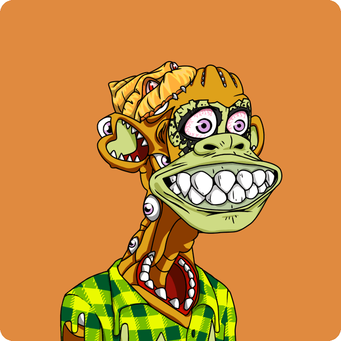 A cartoon illustration of a grotesque figure with green skin, multiple eyes, exposed teeth, and extra mouths, wearing a green and yellow plaid shirt against an orange background.