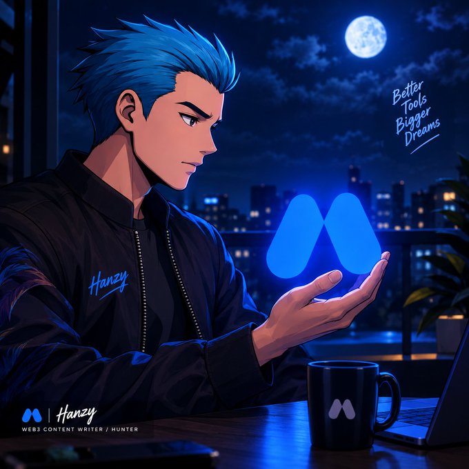 An anime-style illustration of a blue-haired man holding a glowing blue 'M' logo, with text reading 'Hanzy / WEBS3 CONTENT WRITER / HUNTER' and 'Better Tools, Bigger Dreams.'