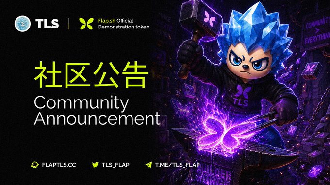 The image is a community announcement banner for TLS (Flap.sh Official Demonstration token), featuring a blue-haired cartoon character holding a hammer amid a vibrant purple, urban backdrop. The bold text "社区公告 Community Announcement" highlights the official nature of the post, which notifies the $TLS community about an updated TLS Foundation multisig wallet address.