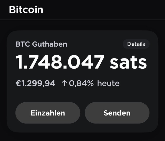 A Bitcoin wallet interface in German showing "BTC Guthaben" of 1.748.047 sats valued at €1.299,94, up 0.84% today, with "Einzahlen" (Deposit) and "Senden" (Send) buttons.