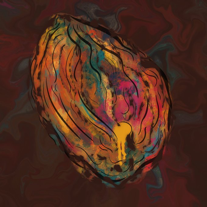 A dark, abstract digital artwork featuring a rounded shape with swirling patterns in orange, teal, pink, and yellow against a deep red background.