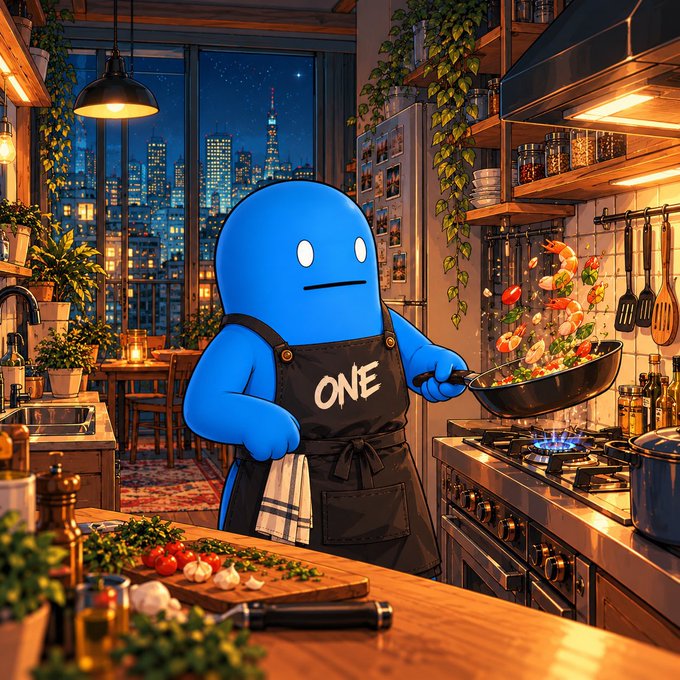 A whimsical digital illustration of a blue cartoon character wearing a 'ONE' apron, cooking vegetables in a pan within a cozy, plant-filled kitchen overlooking a city skyline at night.