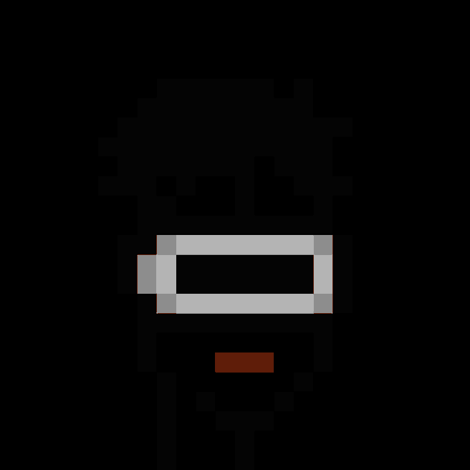 A pixel art rendering of a figure with a white blindfold and red mouth on a black background.