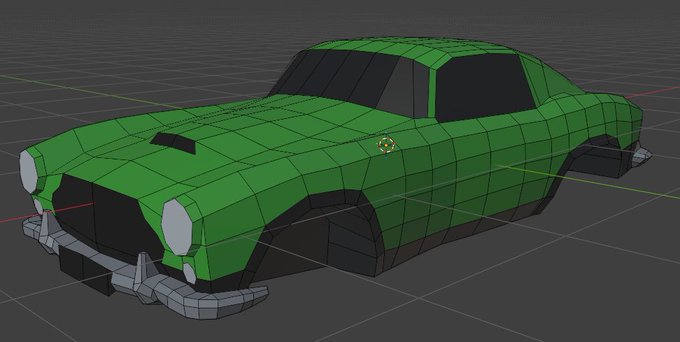A 3D wireframe model of a green classic-style car in a software viewport.