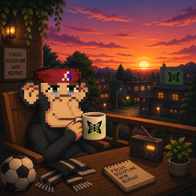 A pixel-art style scene of a character in a red 'France' beanie drinking from a mug on a balcony at sunset, with a 'FOCUS DISCIPLINE WIN REPEAT' sign, soccer ball, and notepad visible.