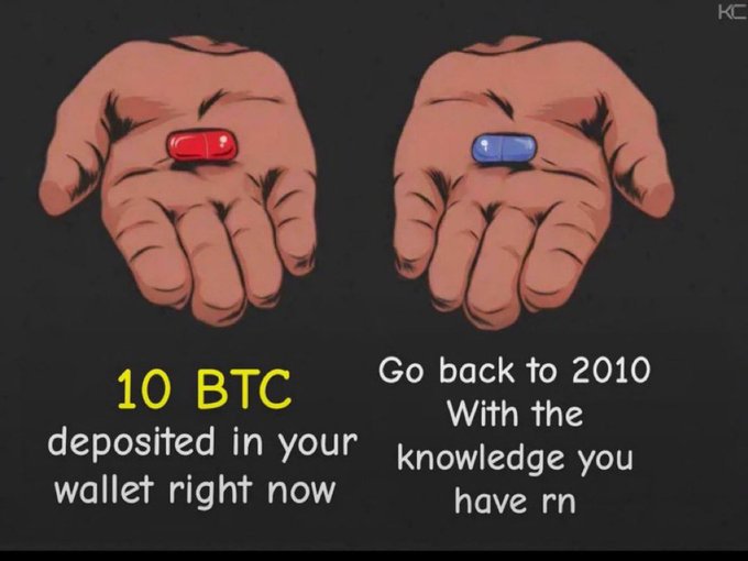 An illustration of two hands holding pills, with text '10 BTC deposited in your wallet right now' and 'Go back to 2010 With the knowledge you have rn'.