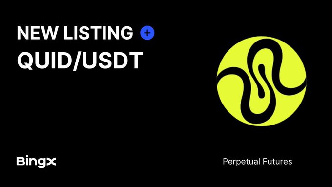 Promotional graphic for BingX announcing a new listing of the QUID/USDT perpetual futures trading pair, featuring the bright green QUID token logo on a black background.
