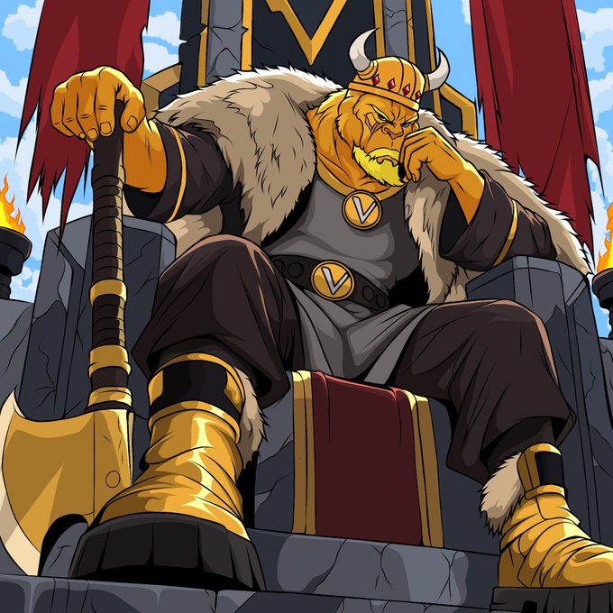 An anime-style illustration of a fierce, golden-skinned warrior king wearing a horned helmet and fur cape, sitting on a stone throne while gripping a large axe.