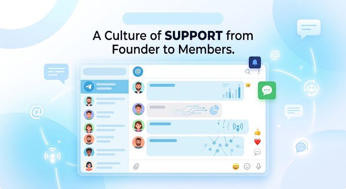 A promotional graphic titled 'A Culture of SUPPORT from Founder to Members' showing an illustrated chat interface.
