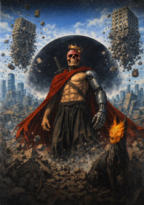 The image features an illustration of a man dressed as a skeleton with a red cape, standing next to a dog. The background shows a cityscape filled with rubble and debris, suggesting that they are in a post-apocalyptic setting. The caption for the image reads "gm Just added my 3rd icon from @0x_vertigo wonderful collection THE SIMULATION Now get in the green room with Donnie & Patrick, @beeple & make sure you play nice Thanks also to Vertigo for Endgame".