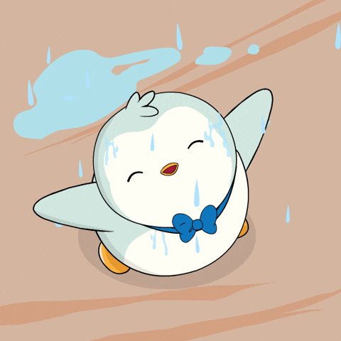 The image features a cartoon penguin with its arms outstretched as if dancing or celebrating. The penguin has blue bowtie and appears to be enjoying itself, possibly due to rain falling around it. The background of the image shows water droplets falling from the sky, adding to the overall atmosphere of the scene. The post seems to be promoting a community event or gathering where everyone is encouraged to dance and have fun in the rain.