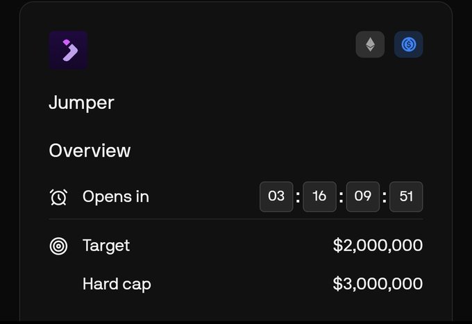 A crypto project overview panel for 'Jumper' displaying a countdown timer (03:16:09:51), a target of $2,000,000, and a hard cap of $3,000,000.