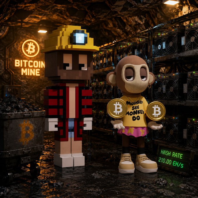 A 3D-rendered scene in a cave showing a blocky voxel character and a Bored Ape-style monkey holding Bitcoin tokens, with a 'BITCOIN MINE' neon sign and a hash rate display of 210.00 EH/S.