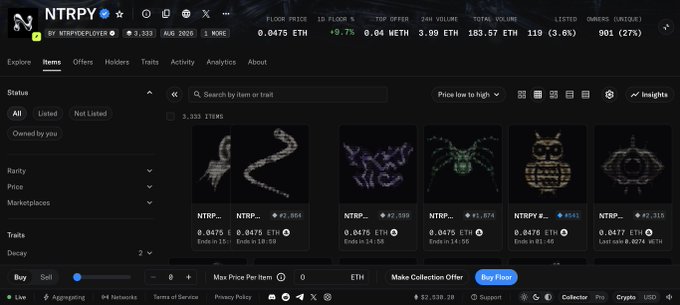 A screenshot of the OpenSea NFT marketplace displaying the 'NTRPY' collection page with item stats and listings, showing a floor price of '0.0475 ETH'.