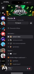 A mobile screenshot of the Mocker Discord server showing member count 4,838, with channels including #server-rules, #announcements, #kick-announcements, and #giveaways.