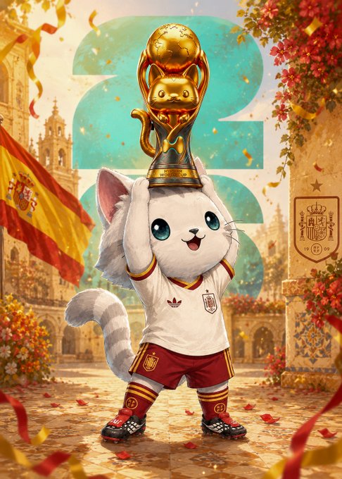 A cute white cat mascot wearing a Spanish national team kit triumphantly holds the FIFA World Cup trophy, with the number "528" displayed prominently in the background alongside the Spanish flag, celebrating Spain's victory and marking the conclusion of the Hypurr World Cup Edition.