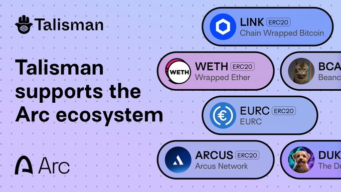 A promotional graphic announces 'Talisman supports the Arc ecosystem' alongside logos for LINK (Chain Wrapped Bitcoin), WETH, EURC, and ARCUS tokens.
