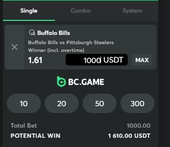 A mobile betting interface on BC.GAME showing a 'Single' bet on 'Buffalo Bills vs Pittsburgh Steelers' (Winner incl. overtime) at 1.61 odds for a 1000 USDT wager with a potential win of 1610.00 USDT.