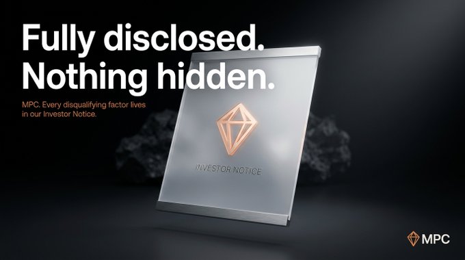 A sleek glass panel labeled "INVESTOR NOTICE" with the MPC logo is displayed against a dark background, accompanied by the bold text "Fully disclosed. Nothing hidden." and a tagline explaining that "MPC. Every disqualifying factor lives in our Investor Notice." The image visually reinforces the post's message of radical transparency by presenting the Investor Notice as the central, illuminated artifact—a physical symbol of MPC's commitment to openly disclosing risks and disqualifying factors rather than concealing them.