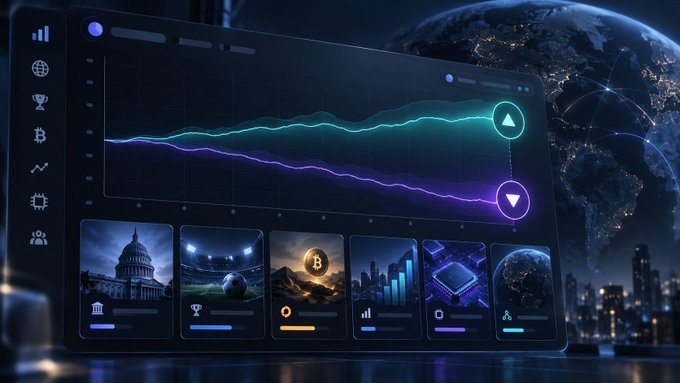 A dark-themed digital dashboard displays a neon teal and purple line chart against a backdrop of Earth from space and a city skyline at night, with category icons for Bitcoin, landmarks, crypto, and more below.